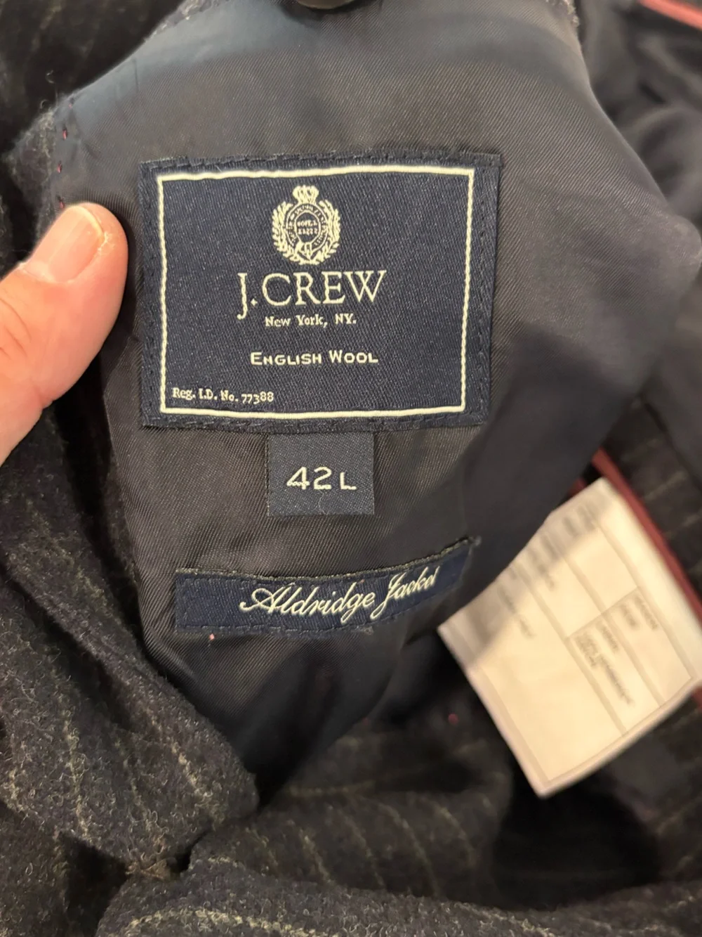 J.Crew men's Aldridge navy pinstripe wool jacket size 42L